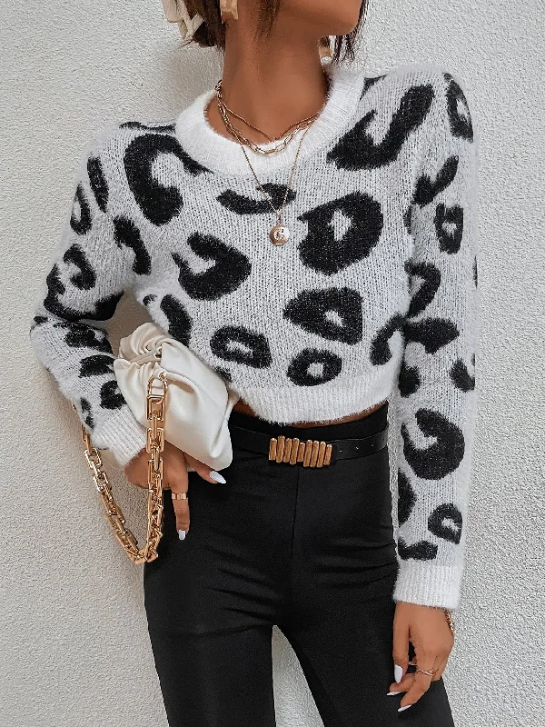 Casual All Over Print Rib-Knit Long Sleeve Round Neck Crop Women Sweater Rugged Women's Outdoor 
