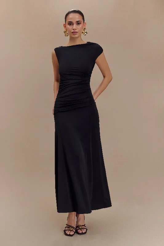 Navanna Asymmetric Slinky Midi Dress - Black Geometric