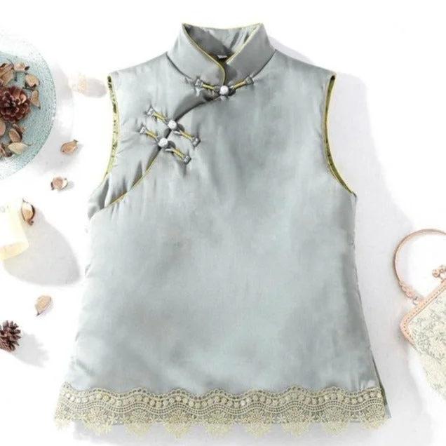 Cheongsam Top Retro Chinese Wadded Waistcoat Vest with Lace Edge Minimalist Women's Casual
