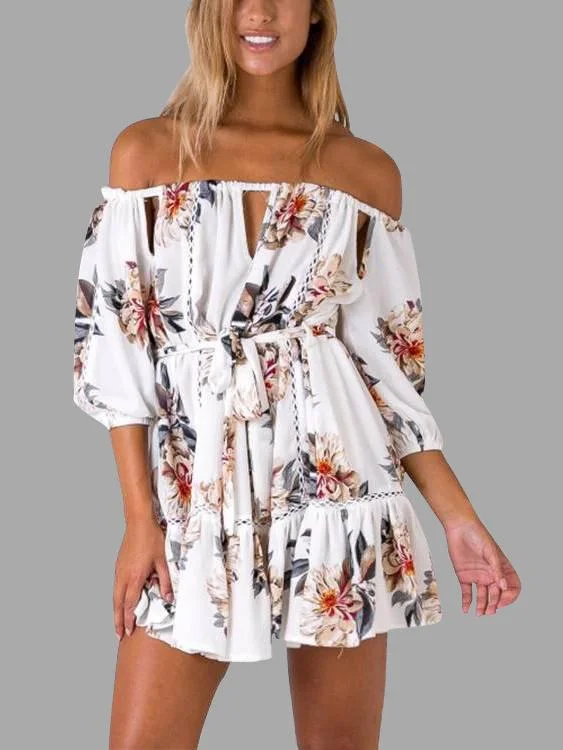Wholesale Off The Shoulder 3/4 Sleeve Floral Print Lace-Up Cut Out Flounced Hem White Mini Dress Youthful Women's Pop