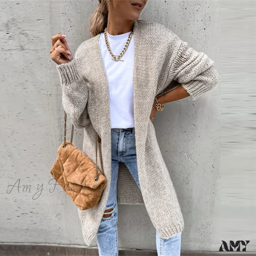 Amy Fashion - Women Casual Long Sleeve O-Neck Cardigan Solid Loose Knit Coats