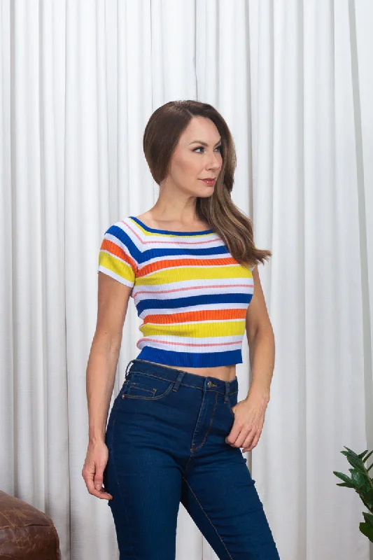 'Sunkist' Multi Color Stripe Rib Knit Short Sleeve Top in Orange, Yellow & Blue (187184) European