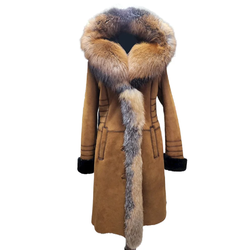 Chantal's Tan Shearling coat with large fox fur hoodie and trim Bold Women's Animal Print