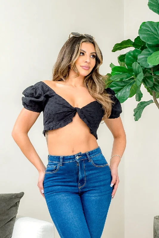Short Puff Sleeve Eyelet Lace Bow Tied Front Crop Top in Black (VIT8432-1) Dapper Women's 1920S