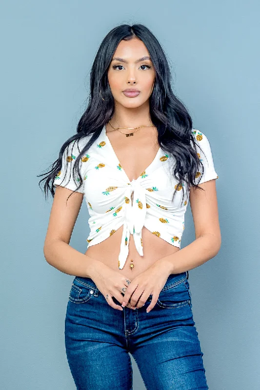 Short Sleeve Pineapple Print Crop Top with Tie Front Detail (AY31842f ) Traditional Women's Short Sleeve Pineapple Print Crop Top with Tie Front Detail (AY31842f ) Traditional Women's