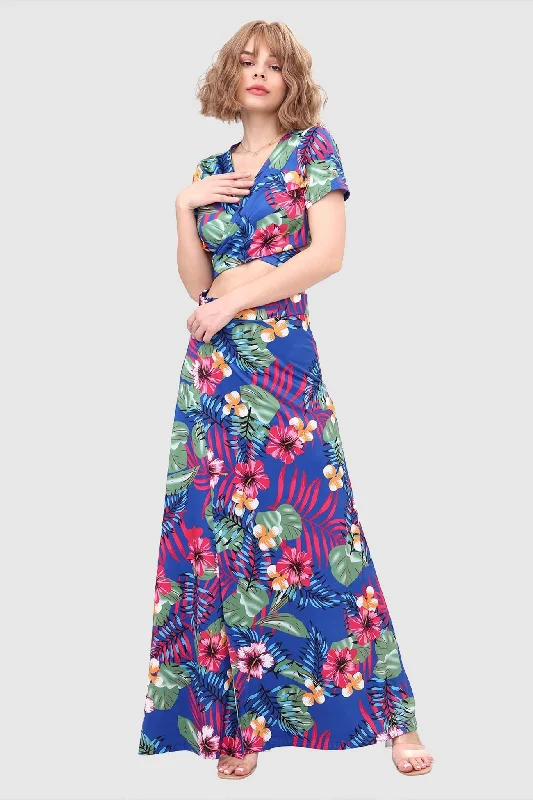 V-neck Tied Back Leaf Print Two-piece Dress Country