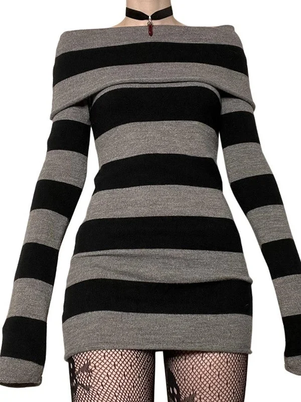 BerryBetty - Off Shoulder Long Sleeve Striped Knit Mini Dress Earthy Women's Hemp - based