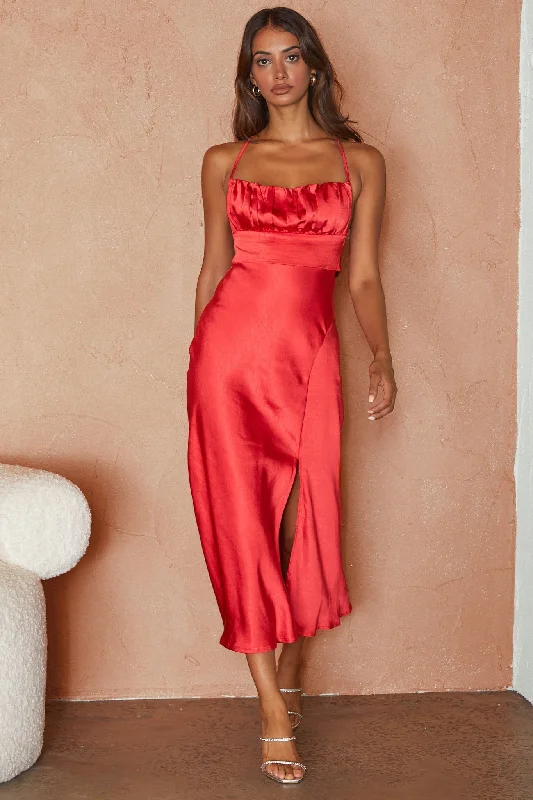 Lakoda Gathered Bust Bow Tie Back Midi Dress Red Cool Women's Skate