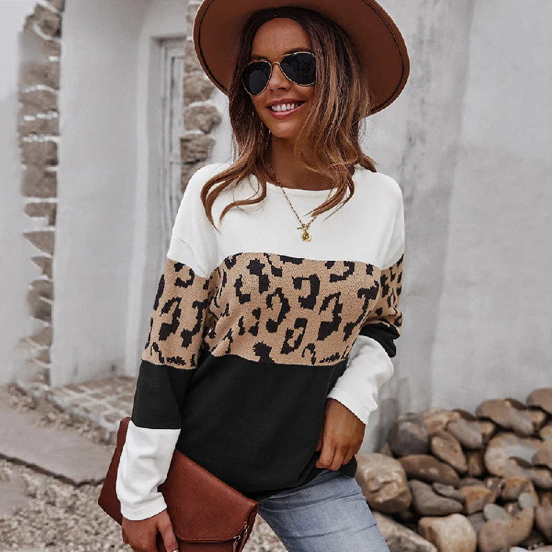 Fashion Leopard Print Patchwork Long Sleeve Round Neck Sweater Wholesale Womens Tops Bohemian Women's Free Fashion Leopard Print Patchwork Long Sleeve Round Neck Sweater Wholesale Womens Tops Bohemian Women's Free