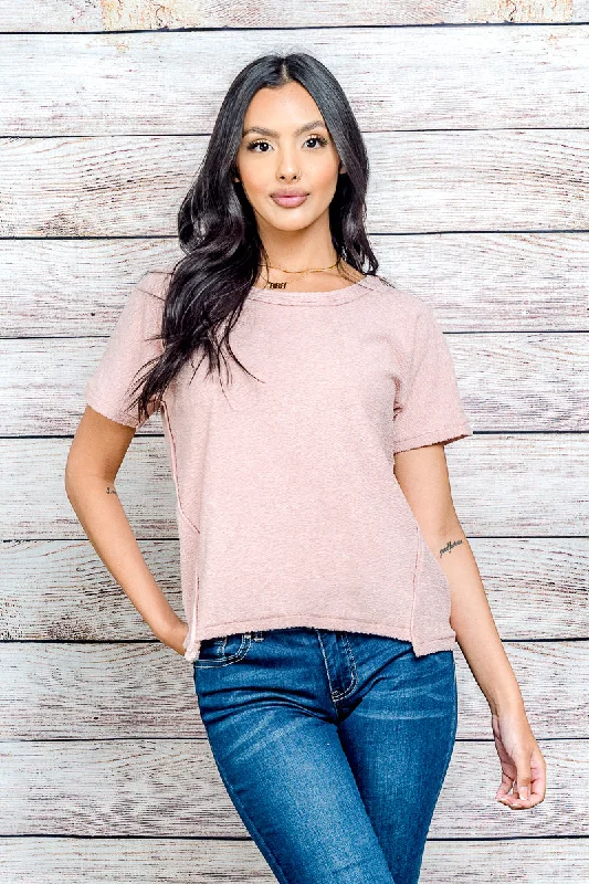 Short Sleeve Uber Soft Terry Cloth Round Neck Top with Asymmetrical Side Seams in Pink (1631221) Sporty Women's Athleisure 