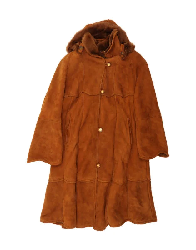 VINTAGE Womens Hooded Shearling Coat UK 10 Small Brown Shearling Country