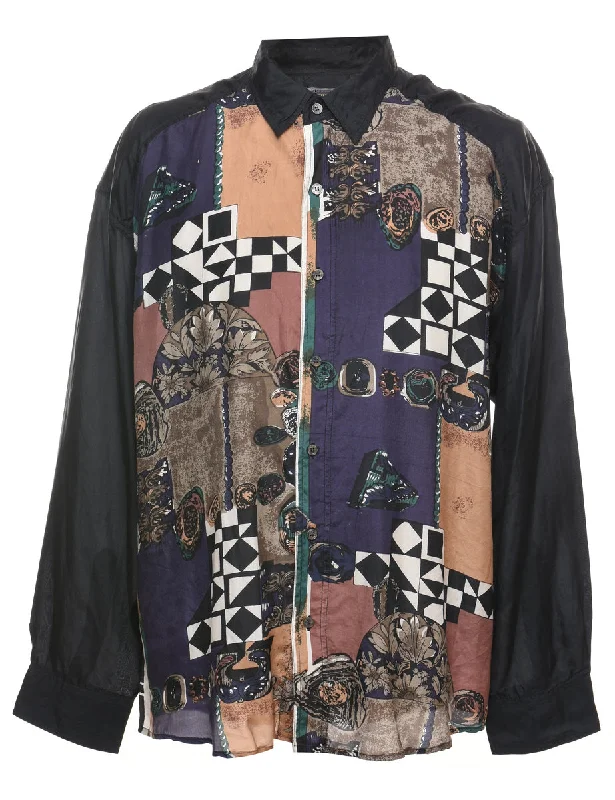 100% Silk Multi-Colour Patterned Shirt - XL Geometric