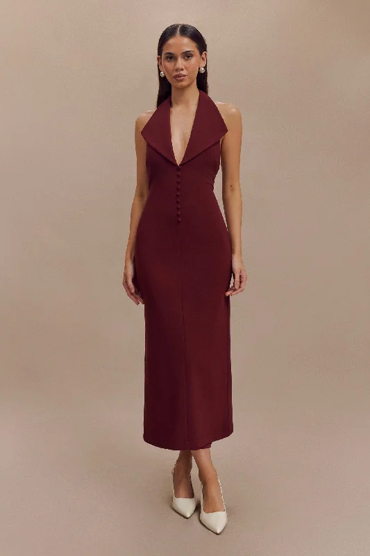 Annita Crepe Halter Midi Dress - Merlot Elegant Women's 