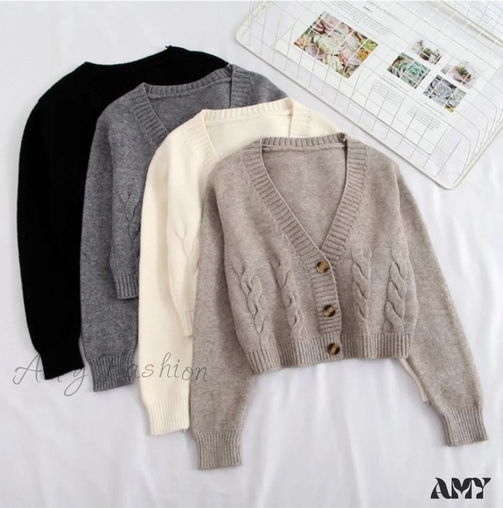 Amy Fashion - Solid Color Single-breasted Knit Cardigan Youthful Women's Pop