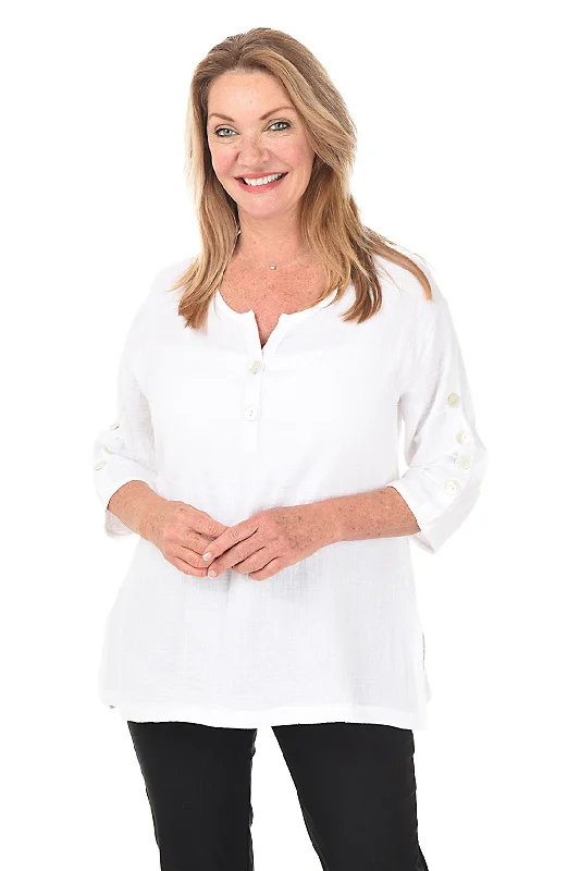 Bubble Gauze Button Sleeve Top Earthy Women's 
