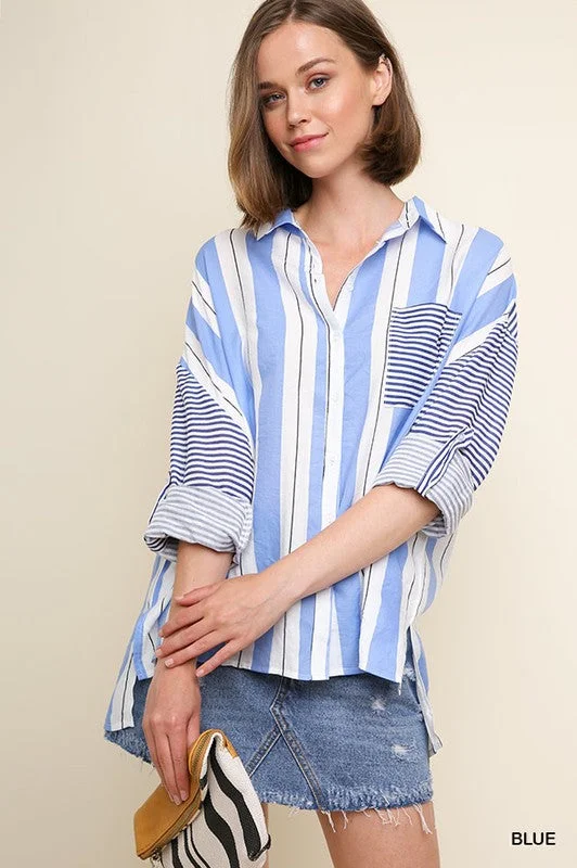 Striped Button Up Top Bohemian Women's Free