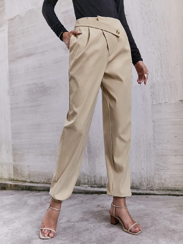 Casual Plain Button High Waist Cropped Women Pants