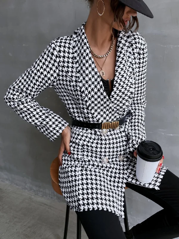 Houndstooth Double Button Long Sleeve Shawl Collar Short Women Overcoat