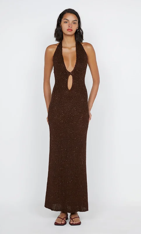 DELFINA SEQUIN HALTER MIDI DRESS - CHOCOLATE