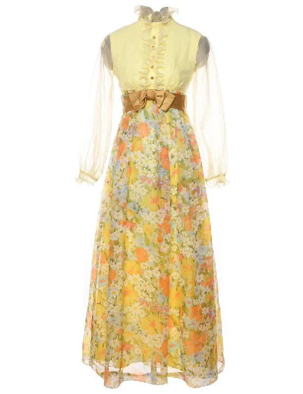 1970s Floral Print Sheer Sleeved Maxi Dress - S Artistic Women's Avant - 
