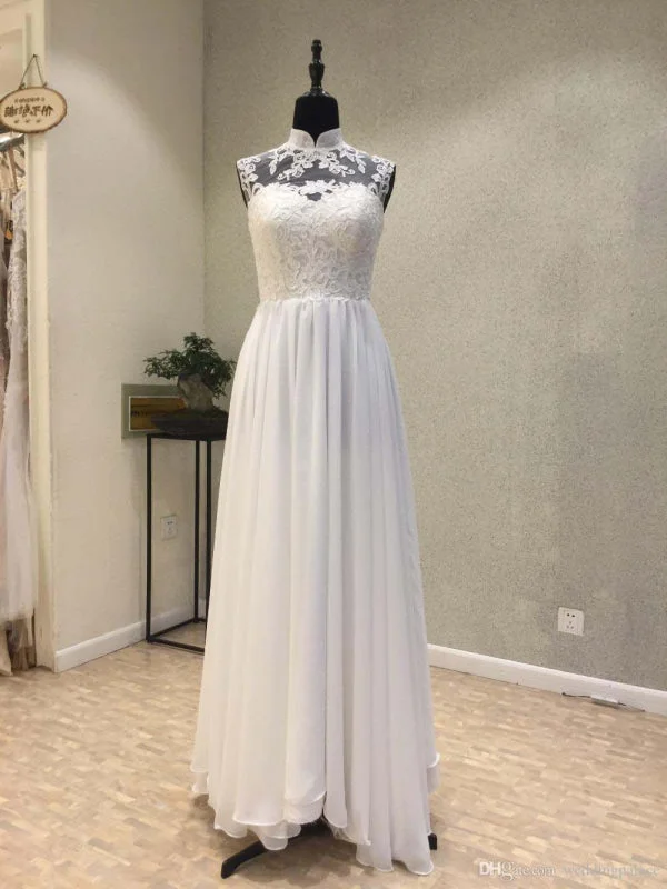 High Neck Chiffon A-Line Wedding Dresses Lace Button Business