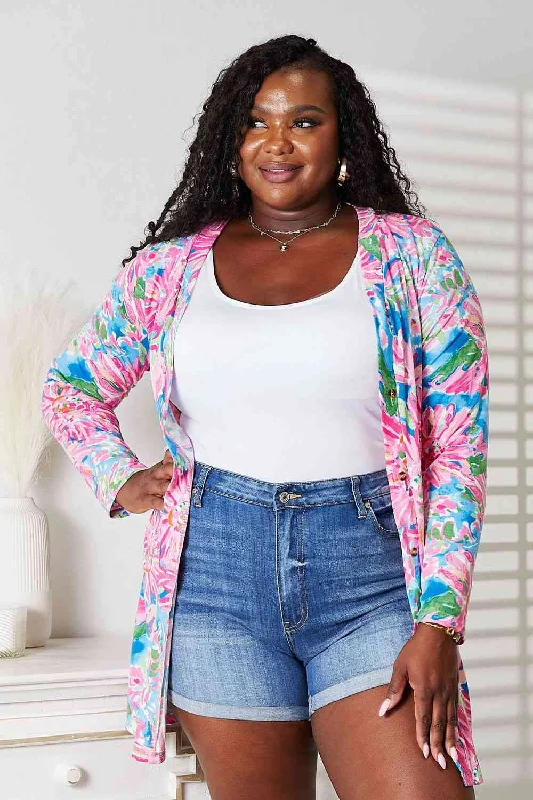 Double Take Floral Open Front Long Sleeve Cardigan Tough Women's Military - inspired Double Take Floral Open Front Long Sleeve Cardigan Tough Women's Military - inspired