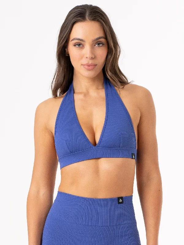 Rib Seamless Halter Sports Bra - Cobalt Dynamic Women's High - energy