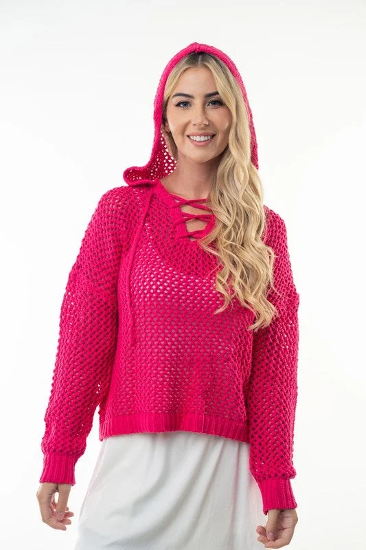 Solid Knit Women's Open Stitch Knit Sweater Hoodie Geometric