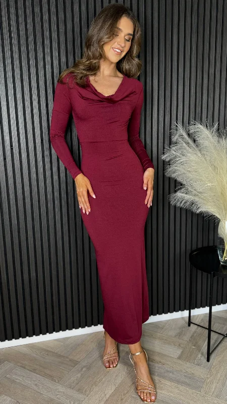 Alisha Burgundy Cowl Neck Long Sleeve Midi Dress