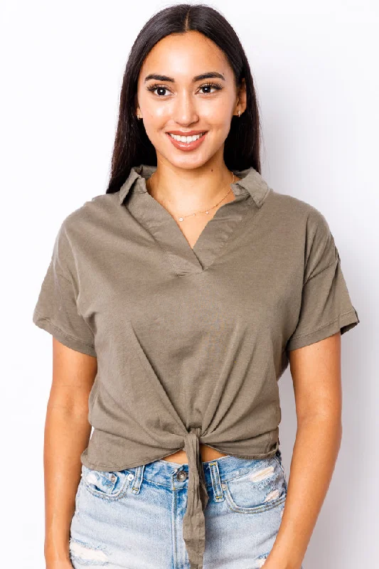 Short Sleeve Top Front tied  (V11210A-K69) Monochromatic Office Style