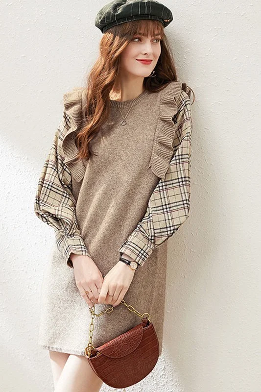 Knit Dress W/ Plaid Sleeve Trendy Women's 
