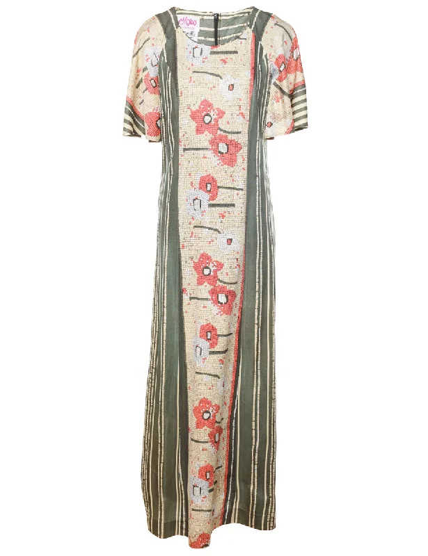 1970s Floral Print Pale Yellow & Pink Maxi Dress - M Contemporary 