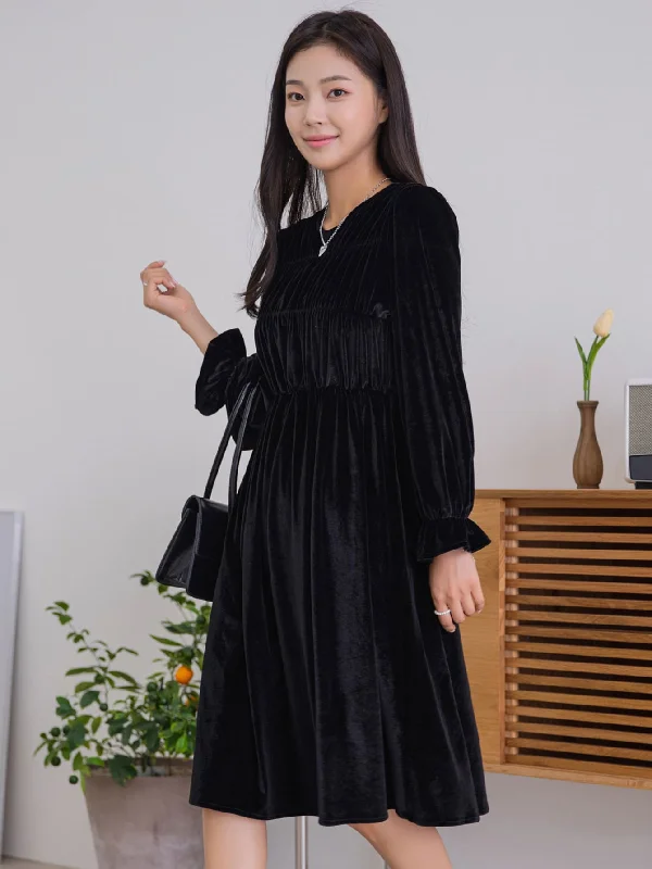 Plain Long Sleeve Round Neck Flared High Waist Knee Length Dress