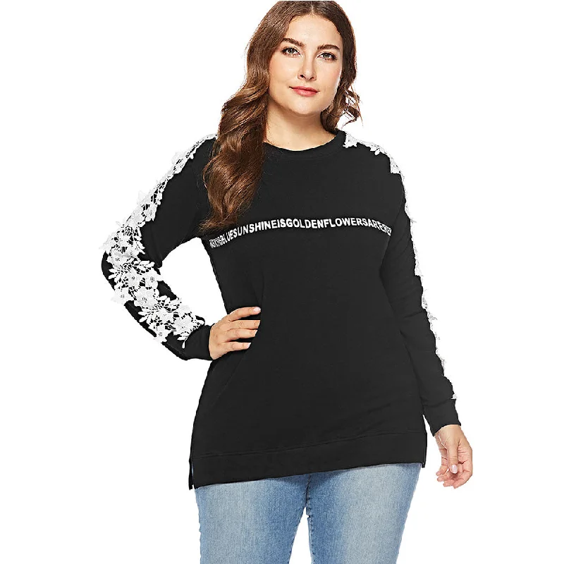 ANALUKE Lace Applique Sweatshirt Long Sleeve T-Shirt