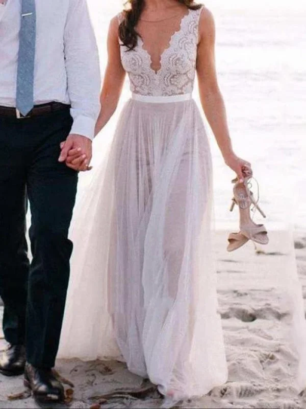 V Neck A-Line Long Tulle Wedding Dresses With Lace Top