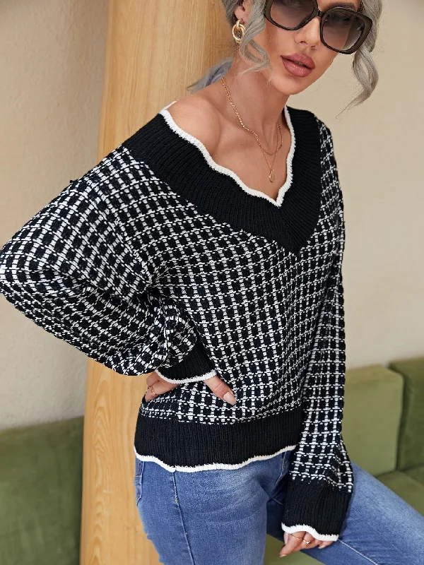Casual Plaid Contrast Binding Long Sleeve V Neck Regular Women Sweater Laid - back Women's Style Casual Plaid Contrast Binding Long Sleeve V Neck Regular Women Sweater Laid - back Women's Style