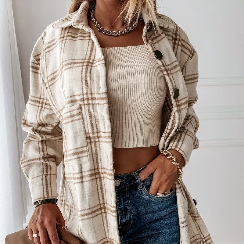 JuliaFashion - 2024 Women Casual Plaid Shirts Turn-down Collar Single Breasted Jackets