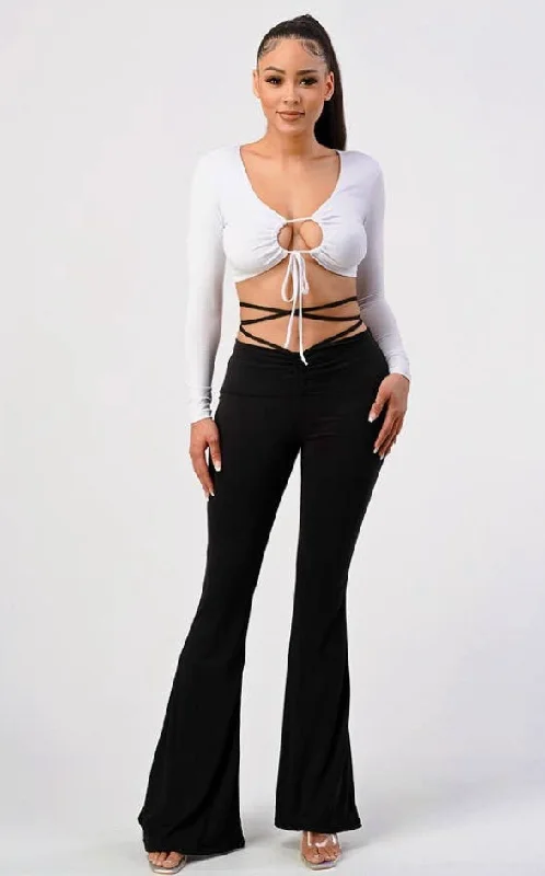 Mid rise flare pants with wrap around string Business
