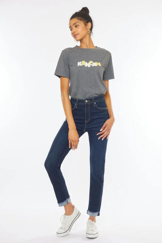 Super Dark High Rise Cigarette Jeans with Cuff Hem