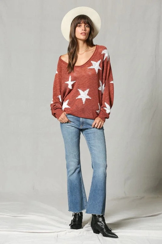 Star Print Wide V Neck Top Scandinavian