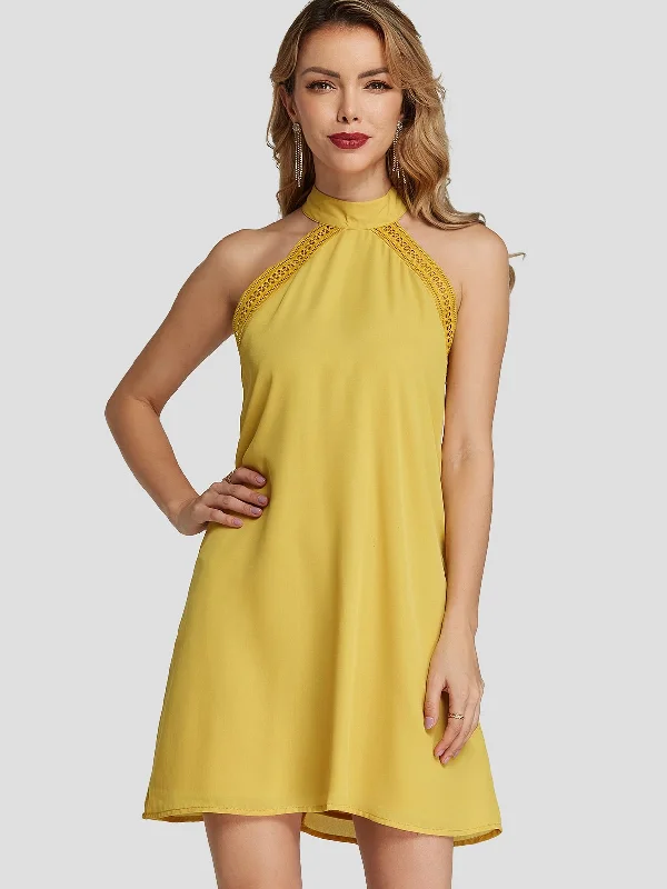 Wholesale Yellow Halter Sleeveless Plain Zip Back Self-Tie Mini Dresses