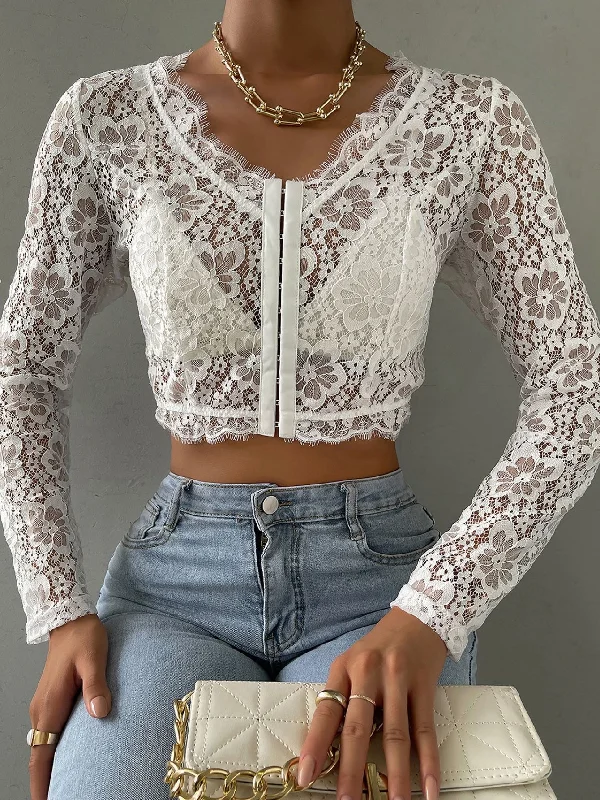 Sexy Plain Sheer Long Sleeve V Neck Crop Women Top