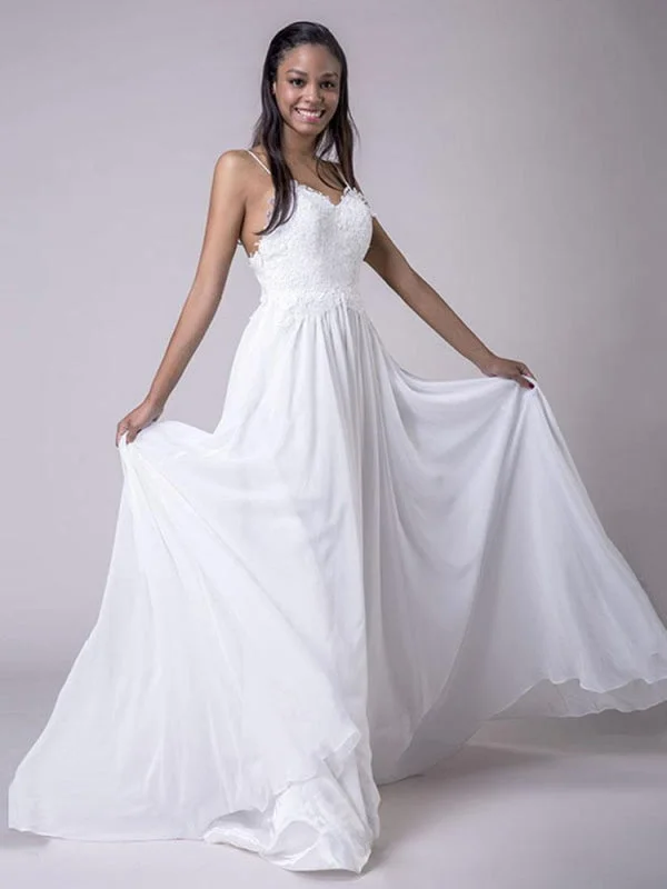 Modest Spaghetti-Strap A-Line Ruffles Wedding Dresses Laid - back Women's Style