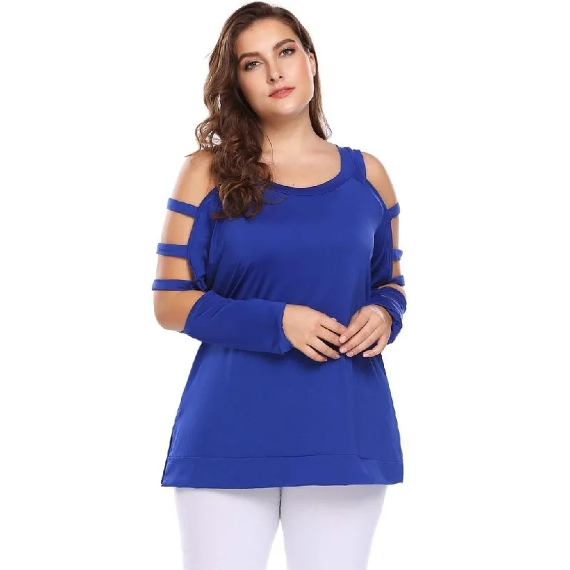 ANALUKE Cold Shoulder O Neck Solid Long Sleeve T-shirt Earthy Women's Hemp - based