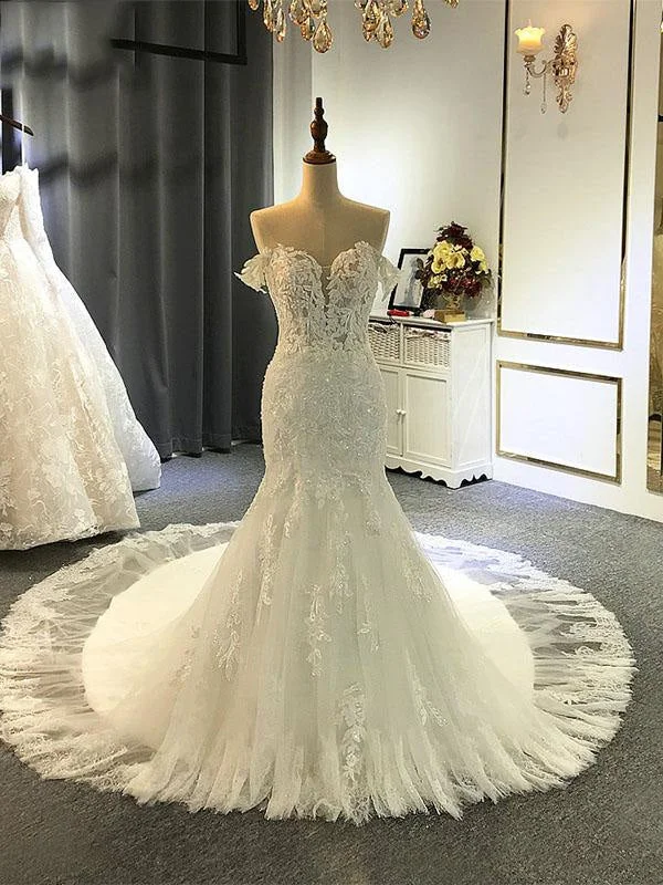 Elegant Off-the-Shoulder Lace Meimaid Wedding Dresses with Train Refined Women's 