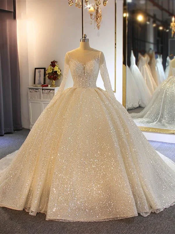 Sparkling Shinny Lone Sleeves Lace- Up Ball Gown Wedding Dresses Dynamic Women's High - energy