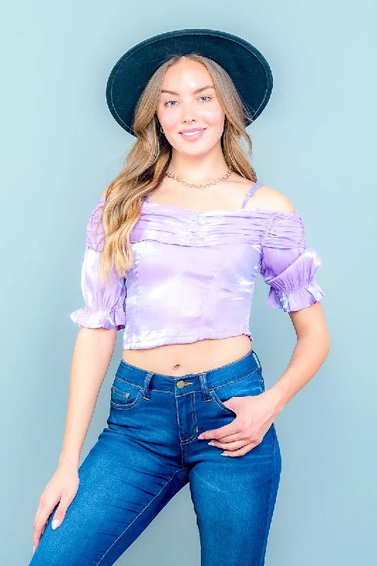 Off Shoulder Spaghetti Strap Crop Top with Ruffled Balloon 1/2 Sleeves (Y21059) Youthful Women's Pop Off Shoulder Spaghetti Strap Crop Top with Ruffled Balloon 1/2 Sleeves (Y21059) Youthful Women's Pop