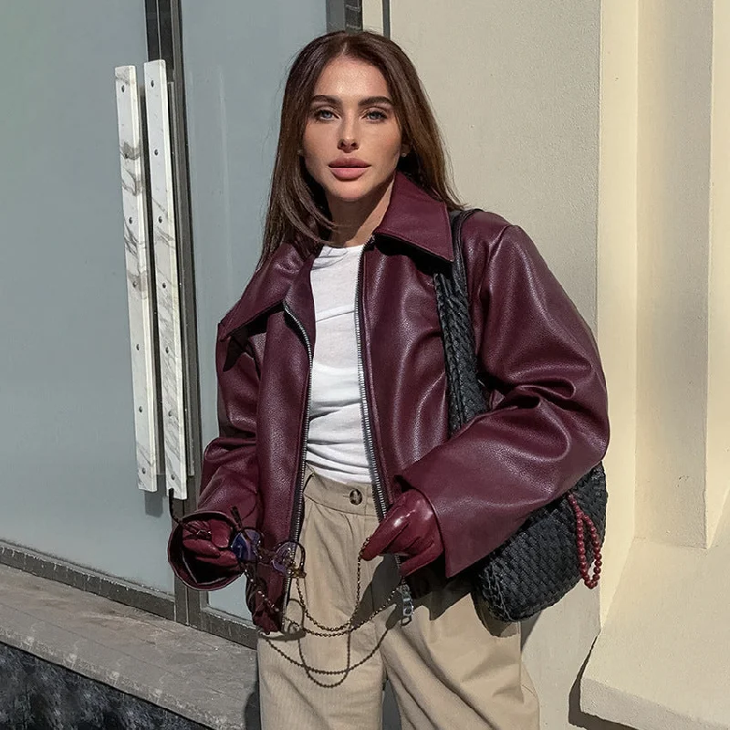 Retro Biker's Style Wine Red European And American Handsome Matte Leather Jacket Coat Sporty Women's Tennis