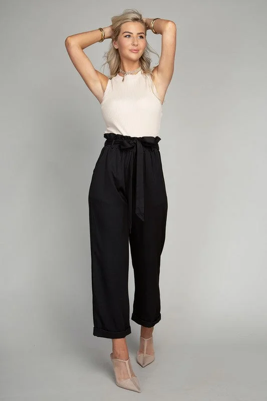Tie belt straight pants Artistic Women's Hand - painted