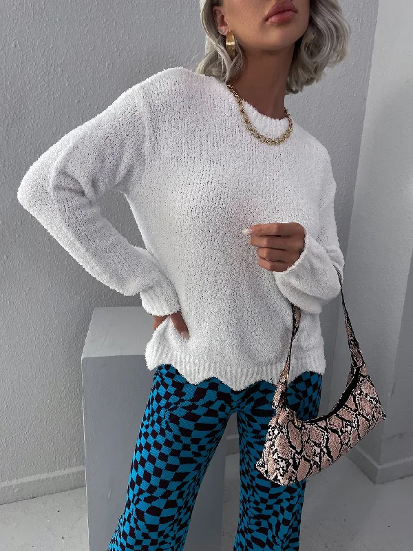 Casual Plain Scallop Long Sleeve Round Neck Regular Women Sweater Sleek Women's Metallic